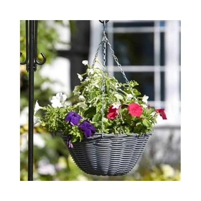 Image of Garden Mile 14in Rattan Hanging Basket Outdoor Durable Pre Lined For Decorations, Balcony, Patio Flower Planters Weatherproof Planter