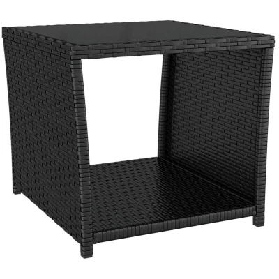 Image of vidaXL Tea Table with Tempered Glass Top and Black Poly Rattan Steel Frame for Patio, Garden, Lounge Area