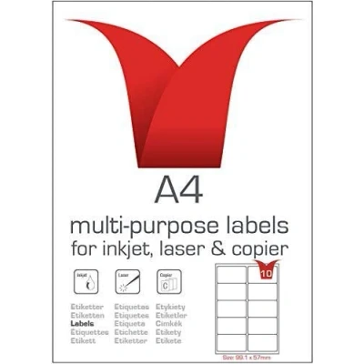 Image of Multi Purpose A4 White Self Adhesive Labels Die Cut 99.1 x 57mm 10 per Sheet 100 Sheets box/1000 Pack