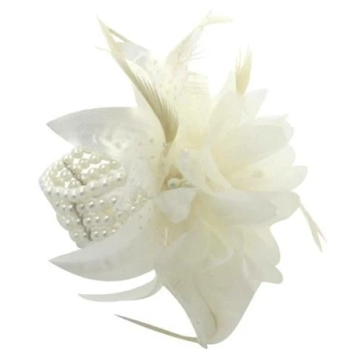 Image of Bride Boutique Classic Ivory Pearl Bead Feather &amp; Flower Bridal Wrist Corsage Cuff Bracelet