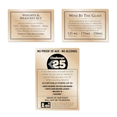 Image of 3 Pcs Signs Essential Bar Licensing Sign Pack 25ml Pub Restaurant Catering
