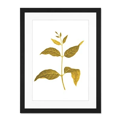 Image of Wee Blue Coo Botanics Gold And Grey Leaves Large Black Framed Art Print Wall Poster 18x24 inch