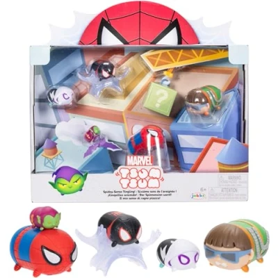 Image of Disney Tsum Marvel Spiderman Deluxe Theme Gift Set, Figures Stand 7 cm tall &amp; Stackable, Includes Large Spider Man, Ghost Spider, and More, for Kids Ages 6+, Blue