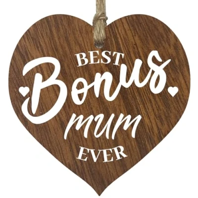 Image of Step Mum Gifts from Daughter Son Best Bonus Gifts, Presents for Mum, Hanging Wooden Heart Sign Plaque, Birthday Gift, Mothers Day Dark Wood Hearts