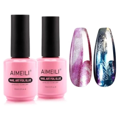 Image of AIMEILI Hema Free Nail Foil Glue Gel for Stickers Transfer Tips, Art Foils Self Adhesive, Sticker Transfers, UV LED Cure Needed 2 x 15ML