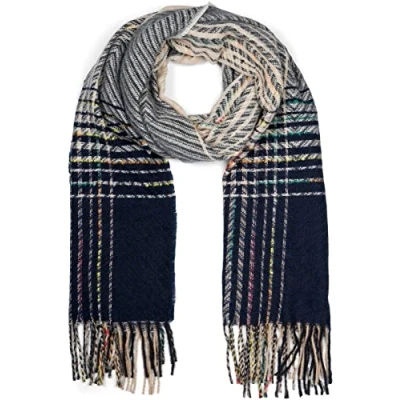 Image of styleBREAKER Ladies Fine Knit Scarf with multicoloured Striped Zig Zag Pattern and Fringes, Warm Winter Stole 01017149, Colour:Beige Dark Blue