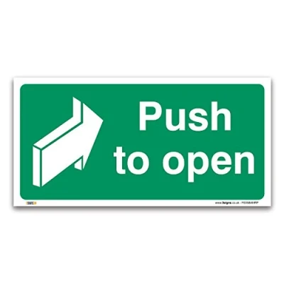 Image of Pack of 2 Push to open Fire exit Signs, 1mm Rigid Plastic 100x50mm, British Standard Safety Door Signs