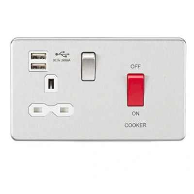 Image of KnightsBridge 45A DP Switch &amp; 13A Switched Socket with Dual USB Charger 2.4A Brushed Chrome white insert
