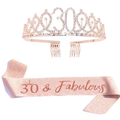 Image of Leixi 30 and Fabulous Sash &amp; Rhinestone Tiara Set 30th Birthday Gifts for Women Party Supplies (Rose gold)
