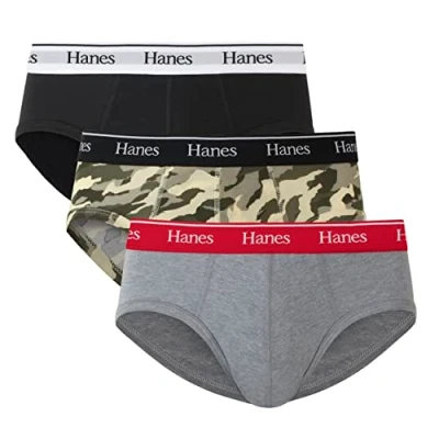 Image of Hanes Men&#039;s Originals Stretch Cotton Briefs Pack, Moisture Wicking Underwear, 3 Black/Concrete Heather/Camo, L (Pack of 3)