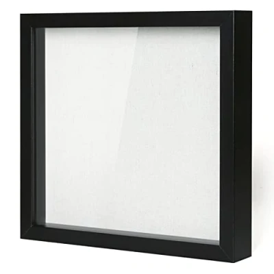 Image of Muzilife Deep Box Picture Frame, Black, Engineered Wood, 12x12 inches, 3D Shadow with Glass Panel, Linen Mat, Ideal for DIY Art