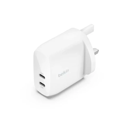 Image of Belkin BoostCharge dual USB C plug with PPS, 60W phone charger for iPhone 16 and other, iPad, Samsung Galaxy, Google Pixel, MacBook compatible w/ to lightning cable &amp; white