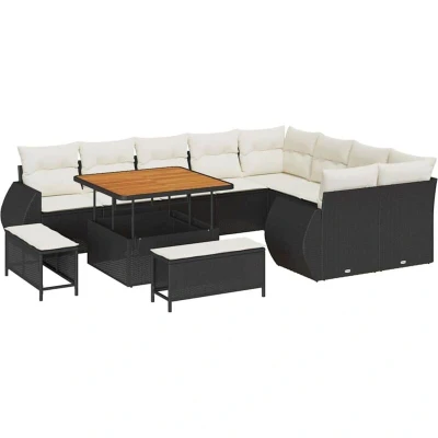 Image of vidaXL 12 Piece Garden Sofa Set with Cushions Black Poly Rattan Acacia