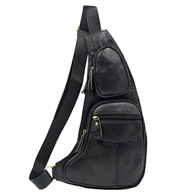 Image of Xieben Vintage Leather Sling Chest Bag Crossbody Pack for Men Women Travel Outdoor Shoulder Backpack Daypack, black, M