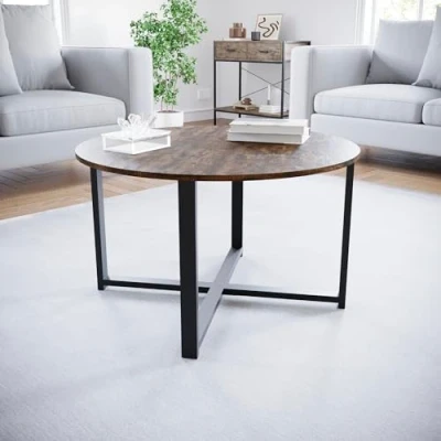 Image of Vida Designs Brooklyn Round Coffee Table for Living Room with Metal Legs (Dark wood)