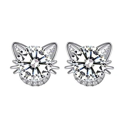Image of MixiuEuro Women Girls Cat Stud Earrings 925 Sterling Silver Cubic Zirconia Heart love Jewellery Gift For Child