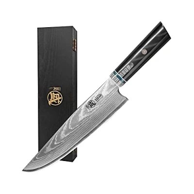 Image of MITSUMOTO SAKARI Japanese Damascus Gyuto Knife, 8 inch Professional Hand Forged Chef Knives, HAP40 Powder Steel Kitchen Knives (Micarta Handle and Sandalwood Box)