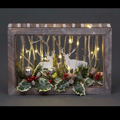 Image of SHATCHI Wooden Christmas Reindeer Scene Tabletop Centrepiece Frame Battery Operated with Micro Rice LEDs and Festive Room Wall Table Home Xmas Decorative Gift, Wood, Rectangle 38x25cm