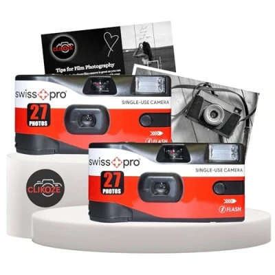 Image of Disposable Cameras Multipack Bundle with 2 X Swiss+Pro Camera Single Use Film 27 Exposures and Clikoze Photography Tips Card
