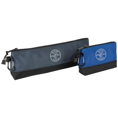 Image of Klein Tools 55559 Stand Up Zipper Bag Tool Pouch with Carabiners, 7 Inch Blue and 14 Gray Utility Bags Reinforced Bottom, 2 Pack