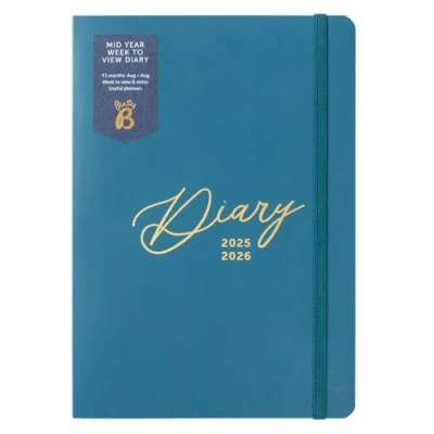 Image of Busy B A5 Week to View Diary Mid Year Academic Planner Aug &#039;25 &#039;26 Teal Journal Cover Weekly Layout opposite a Notes Page, Goals, Expenses, Pen Loop &amp; Elastic Closure