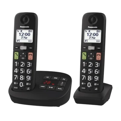 Image of Panasonic KX TGU132EB Digital Cordless Phone with Answering Machine, Base Unit &amp; 2 Handsets, LCD Display, Big Buttons, Fav Call, Hearing Aid Compatible, Black
