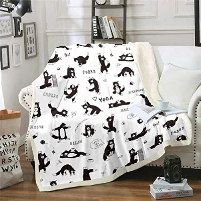 Image of Cute Cat Sherpa Blanket Lovely Kitten Print Throw Pet Cats Pattern Fleece for Couch Bed Sofa Room Decor Lightweight Black White Animal Theme Fuzzy Single 50&quot;x60&quot;