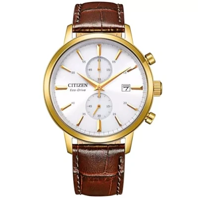 Image of Citizen Men Chronograph Eco Drive Watch with Leather Strap CA7062 15A