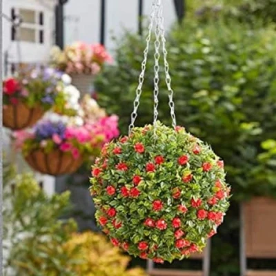 Image of Garden Mile artificial Topiary Balls, 30cm Faux Boxwood balls Red Flowers, Durable UV Weather resistant Decorative flower outdoor hanging for garden, Patio (Red Rose)
