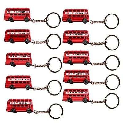 Image of A Set of 10 Classic London Red Double Decker Bus Keychain Durable Metal Keyring, Perfect British Souvenir &amp; Gift, Authentic 3D Die Cast Design, Collectible UK Charm