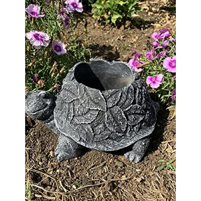 Image of STONE GARDEN TORTOISE LEAF DETAIL PLANTER PLANT POT BLACK AND WHITE ORNAMENT