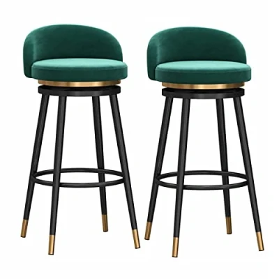 Image of AZMANI Swivel Bar Stools Set of 2 Counter Height with Back, Farmhouse Kitchen Breakfast Stools, 360 Swivel, Velvet Upholstered Seat, Gold Metal Legs,Green,75cm(29.53in)