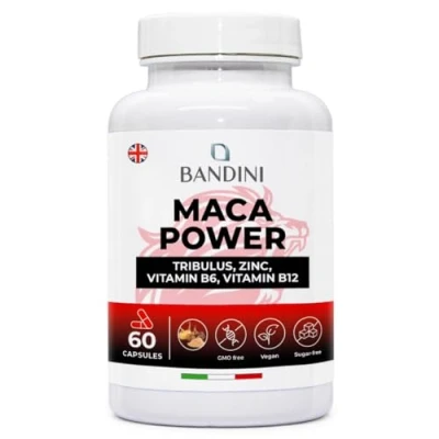 Image of Bandini® Maca Power Vegan Capsules Supplement with High Strength Peruvian Black Root + Tribulus Zinc B6 B12 Combats Physical and Mental Fatigue No GMOs (60 Count (Pack of 1))