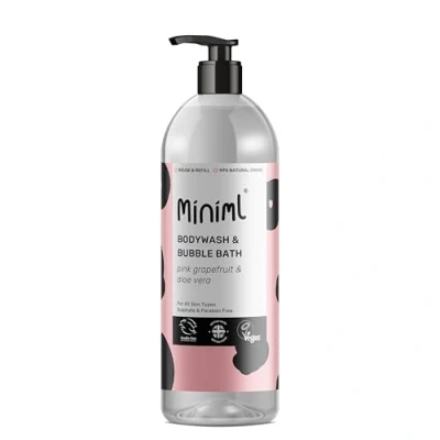 Image of Miniml All Natural Body Wash and Bubble Bath 1L Bottle Moisturising Pink Grapefruit Aloe Vera Sensitive Skin Eco Shower Gel Soak Vegan Friendly High Foam