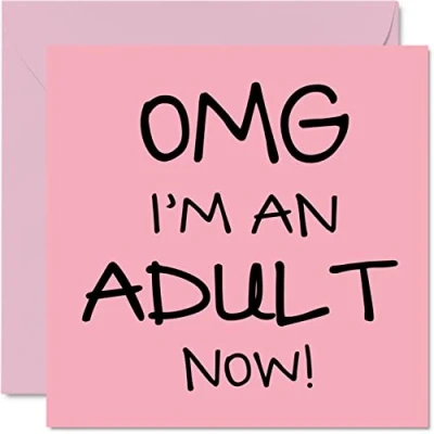 Image of Funny 18th Birthday Card for Girls Her OMG I&#039;m an Adult Now Teenager Eighteen Eighteenth Happy Sister Brother Daughter Son Cousin, 145mm x Humour Joke Pink Greeting Cards