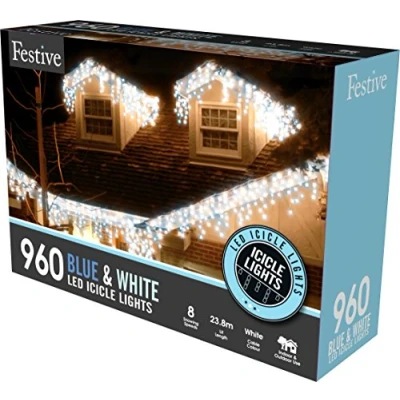 Image of Festive 960 Blue &amp; White Snowing Icicle Christmas Indoor Outdoor Low Voltage Timer Light