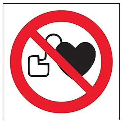 Image of V Safety 51005AF S No Pacemakers Logo Prohibition Sign Square 100mm x Self Adhesive Vinyl, Black, Red