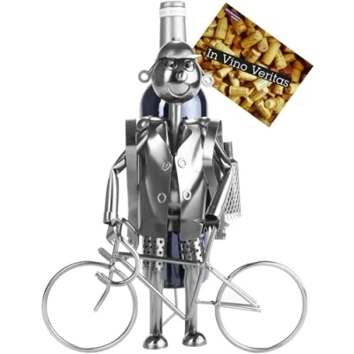 Image of BRUBAKER Bicyclist Wine Bottle Holder Stand Rack Home Kitchen Table Art Decoration with Gift Card