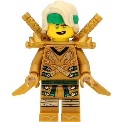 Image of LEGO Ninjago Mini Figure Lloyd (Golden Ninja, Yellow Head, Hairpiece) with Shoulder Armour and Swords