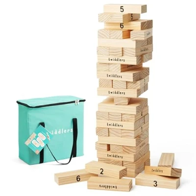 Image of THE TWIDDLERS Large Tumble Tower Garden Lawn Game, 64 Premium Wooden Blocks, Stacks up to 4ft /1.2m High Building Toys Outdoor Fun for Kids and Adults, Includes Carry Case