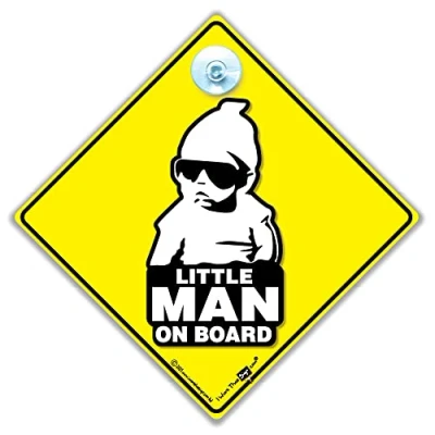 Image of Little Man On Board Car Sign, Hoodie Baby Sign Style Suction Cup in Yellow and Black 14cm x