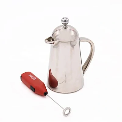 Image of La Cafetière Havana 3 Cup Stainless Steel Cafetiere, and Red Battery Powered Milk Frother Set