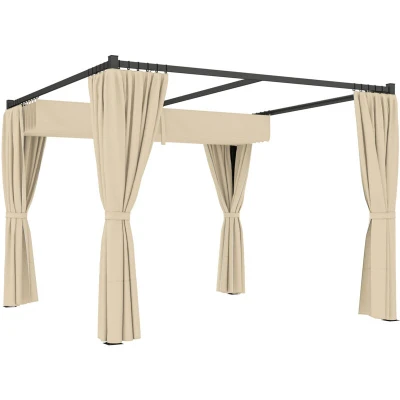 Image of Outsunny 3 x (m) Pergola with Retractable Roof and Curtains Khaki 84C 441V00KK