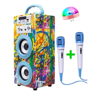 Image of DYNASONIC Karaoke Machine with 2 Microphones, Portable Bluetooth Speaker Lights, USB and SD Reader, Gift for Children (Model 22 lights)