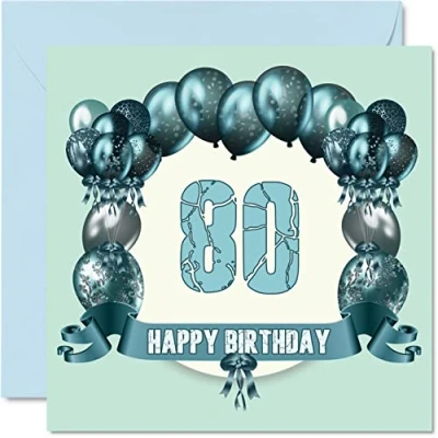 Image of Fun 80th Birthday Cards for Men Balloons Happy Card Dad Uncle Gran Grandpa Auntie Great Grandad Grandma Mum Nanny, 145mm x Greeting Cards,