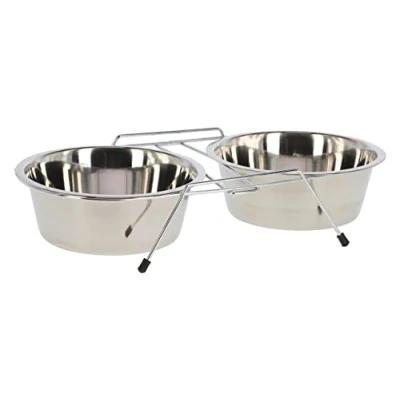 Image of Kerbl Double Bowl Stand Including 2 Stainless Steel Bowls, No Slipping, Stable