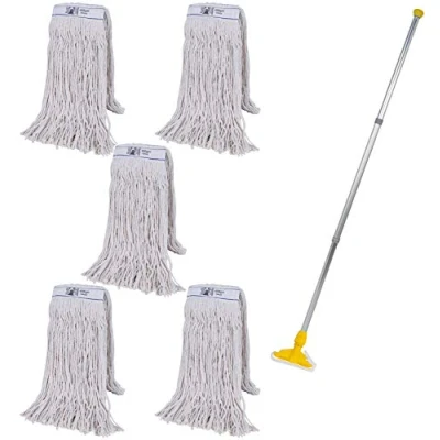 Image of Abbey Heavy Duty Professional Kentucky Mop Handle and Holder with 5 Heads (450g) Industrial Colour Coded to Avoid Cross Contamination Commercial for Cleaning Hard Floors Yellow