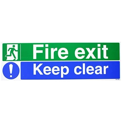 Image of Seco Fire Exit Man Running Left, Exit, Exclamation Mark, Keep Clear Sign, 450mm x 150mm 1mm Semi Rigid Plastic