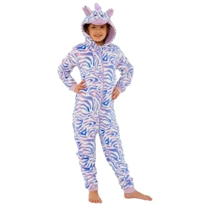 Image of Animal Crazy Onesie Girls Boys Kids Childrens Fleece Onesies Jumpsuit Playsuit One Piece UK Seller Striped Zebra 10/11 Years