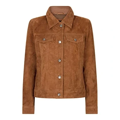 Image of TruClothing Womens Suede Vintage Retro Jeans Jacket Real Leather Short Biker Grease 1980s Classic Tan XXL